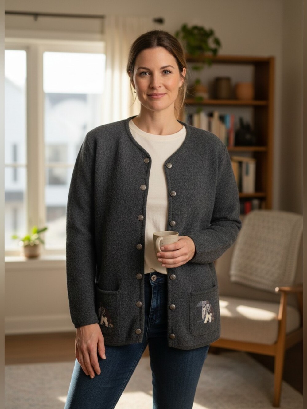 Dalia Gray Button-Up 100% Wool Cottagecore Sweater with Embroidered Pockets M